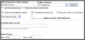 ebay completed items, how to sell domain names on eBay, find domain value